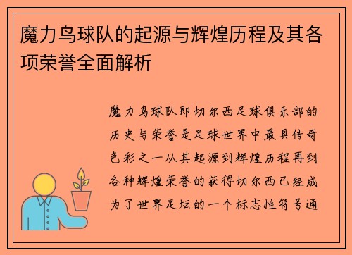 魔力鸟球队的起源与辉煌历程及其各项荣誉全面解析